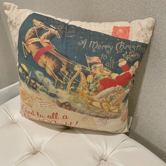 Primitives by Kathy Santa Reindeer Sled Christmas Pillow NWT - Picture 3 of 15
